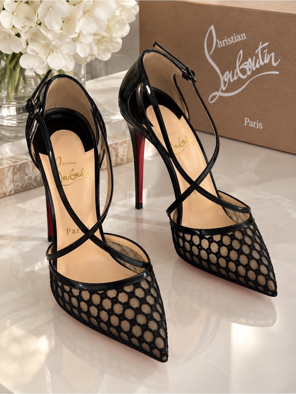 Christian Louboutin Black Mesh Pointed-Toe Crisscross Ankle-Strap Pumps